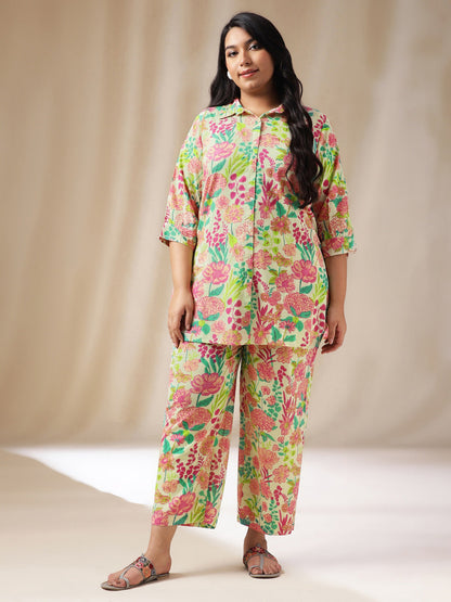 Janasya Regular Cambric Beige Floral Collar Co-Ords