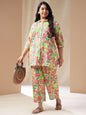 Janasya Regular Cambric Beige Floral Collar Co-Ords