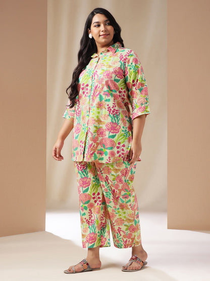 Janasya Regular Cambric Beige Floral Collar Co-Ords