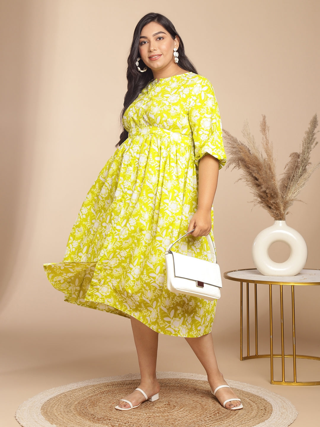 Janasya Gathering Cambric Lime Floral Round Neck Dress