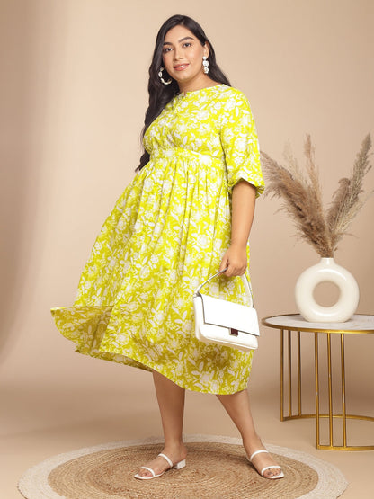 Janasya Gathering Cambric Lime Floral Round Neck Dress