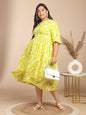 Janasya Gathering Cambric Lime Floral Round Neck Dress