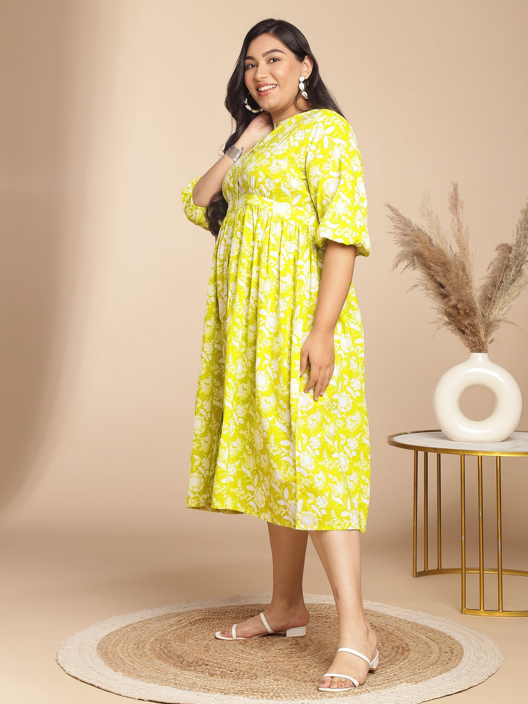 Janasya Gathering Cambric Lime Floral Round Neck Dress