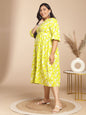 Janasya Gathering Cambric Lime Floral Round Neck Dress