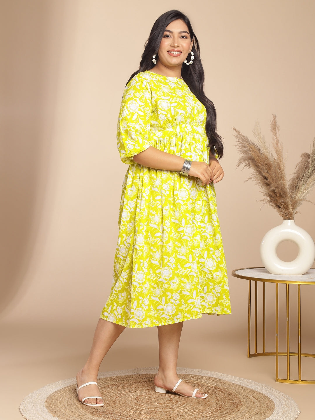 Janasya Gathering Cambric Lime Floral Round Neck Dress