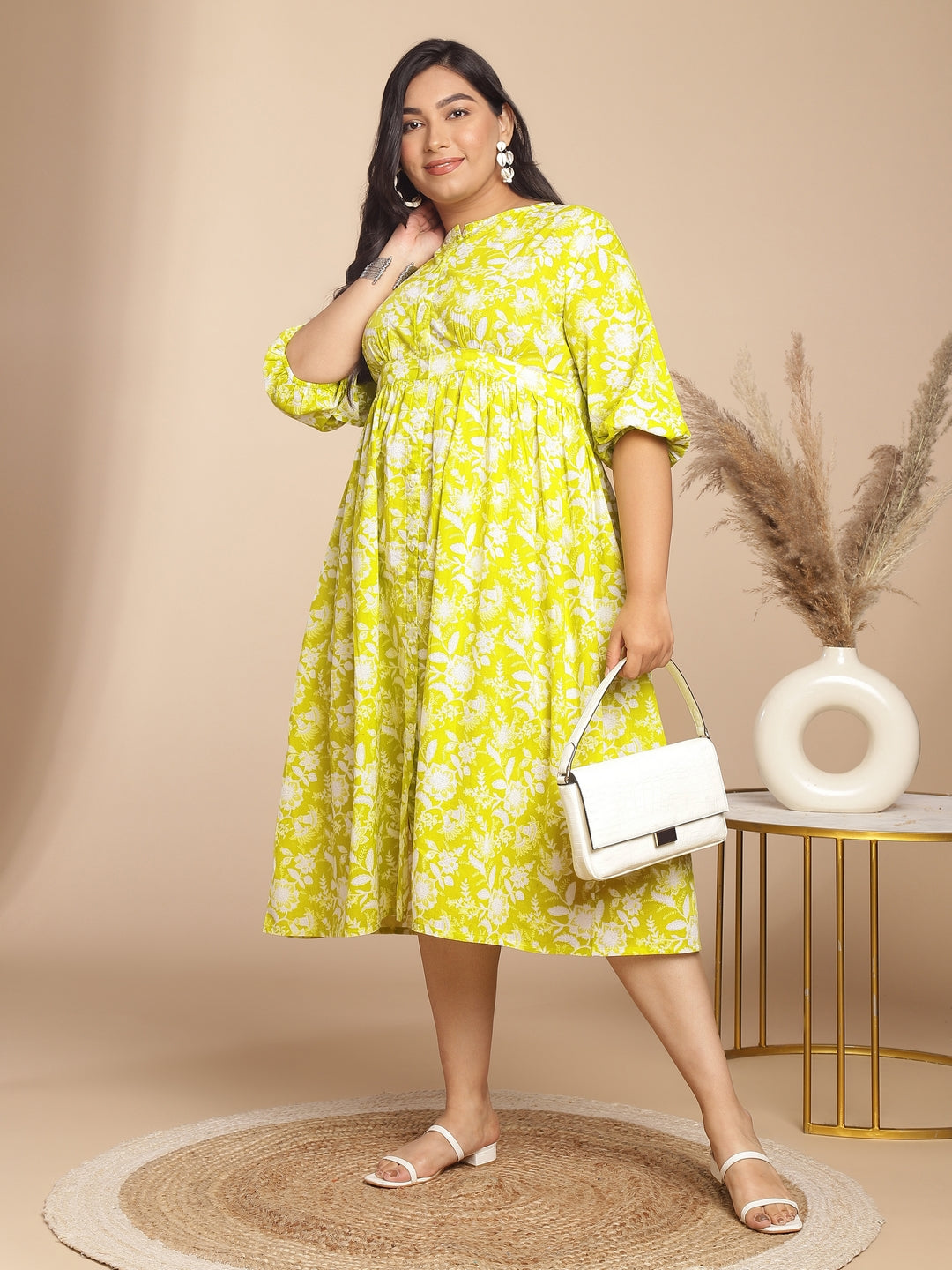 Janasya Gathering Cambric Lime Floral Round Neck Dress