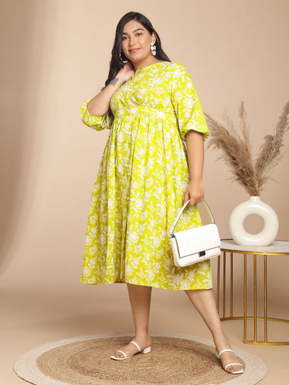 Janasya Gathering Cambric Lime Floral Round Neck Dress