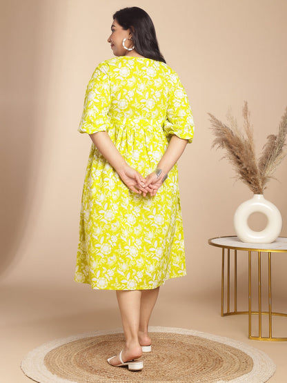 Janasya Gathering Cambric Lime Floral Round Neck Dress
