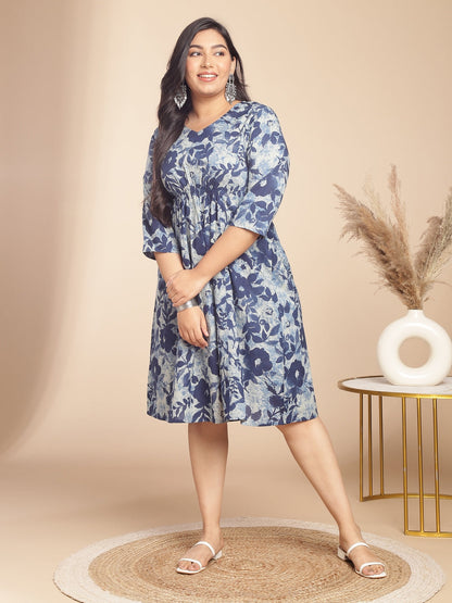 Janasya Gathered Cambric Indigo Floral V-Neck Dress