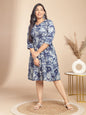 Janasya Gathered Cambric Indigo Floral V-Neck Dress