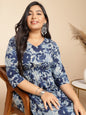 Janasya Gathered Cambric Indigo Floral V-Neck Dress