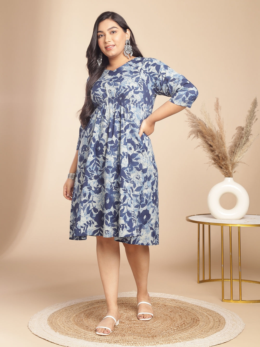 Janasya Gathered Cambric Indigo Floral V-Neck Dress