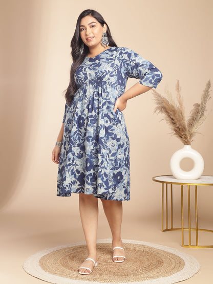 Janasya Gathered Cambric Indigo Floral V-Neck Dress