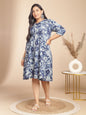 Janasya Gathered Cambric Indigo Floral V-Neck Dress