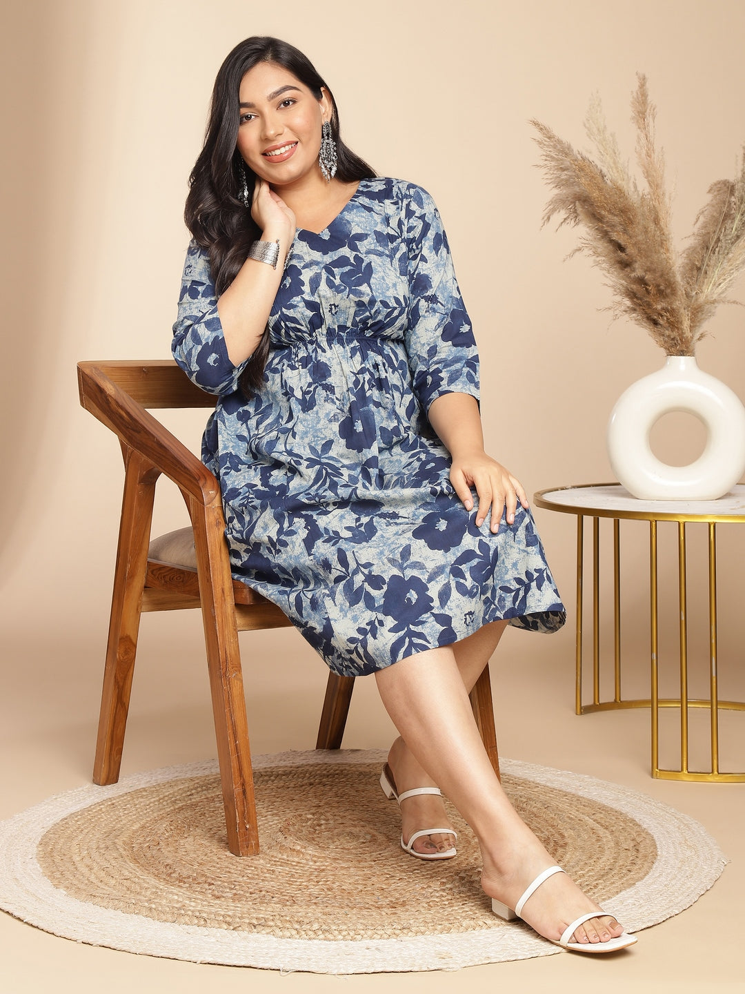 Janasya Gathered Cambric Indigo Floral V-Neck Dress