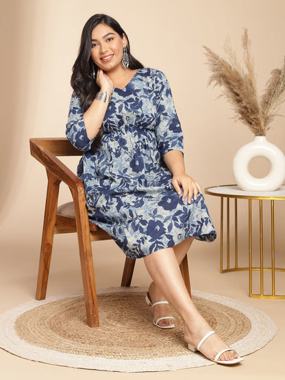 Janasya Gathered Cambric Indigo Floral V-Neck Dress