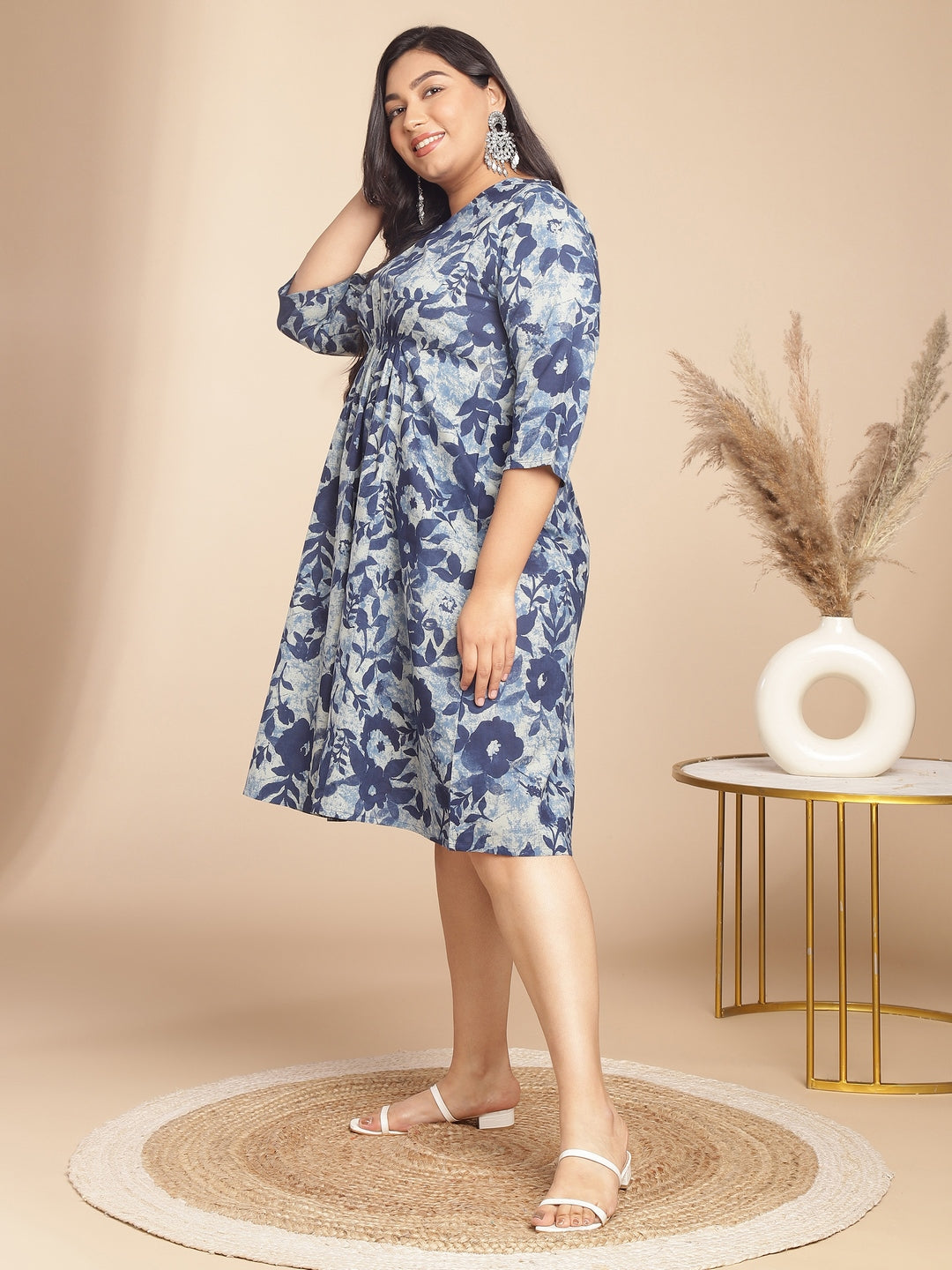 Janasya Gathered Cambric Indigo Floral V-Neck Dress
