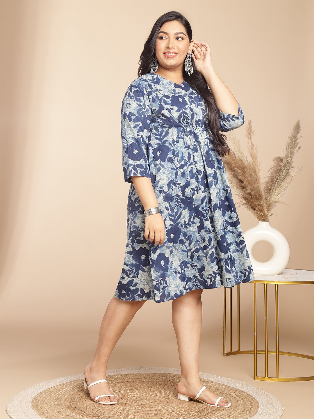 Janasya Gathered Cambric Indigo Floral V-Neck Dress