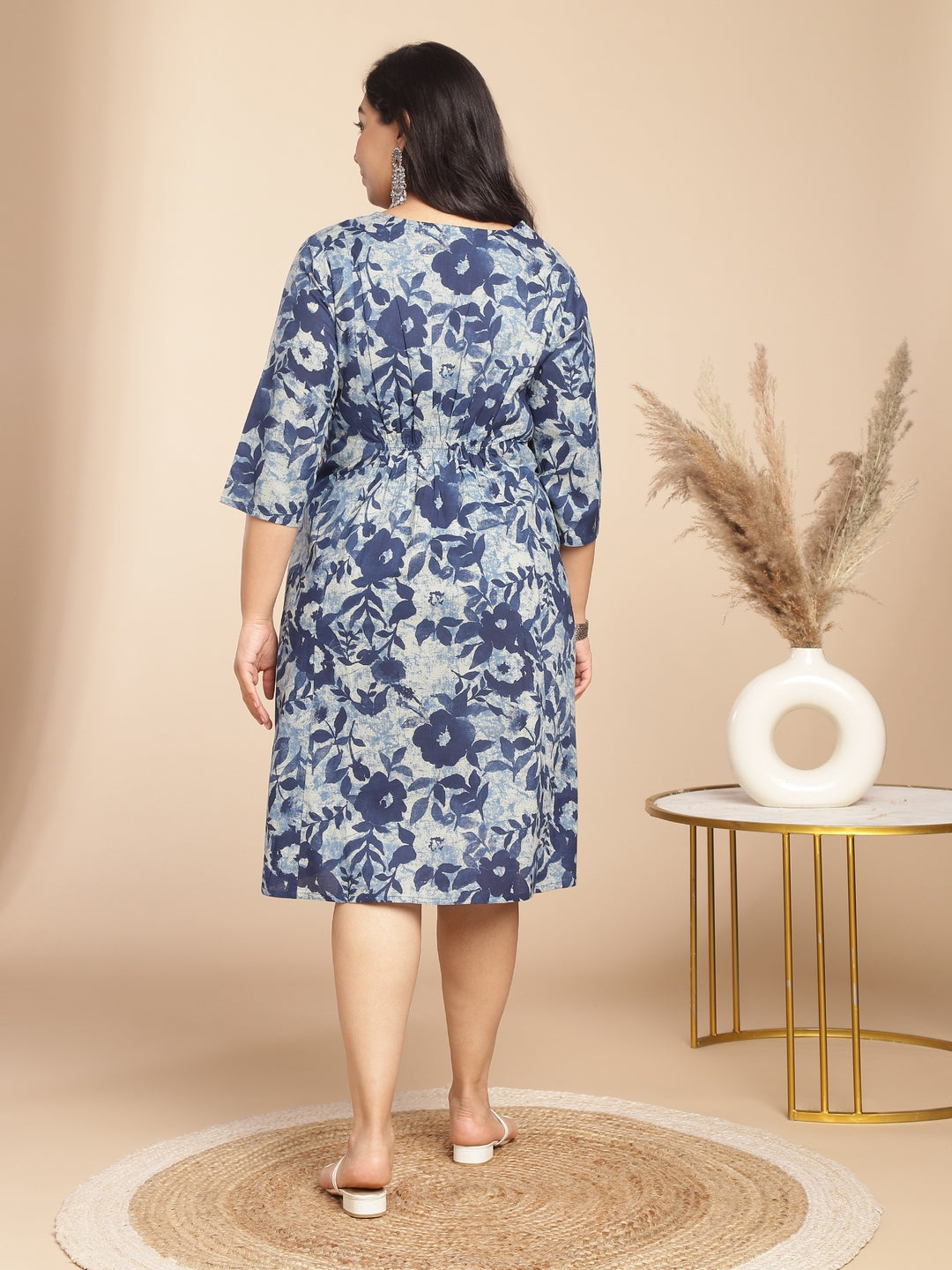 Janasya Gathered Cambric Indigo Floral V-Neck Dress