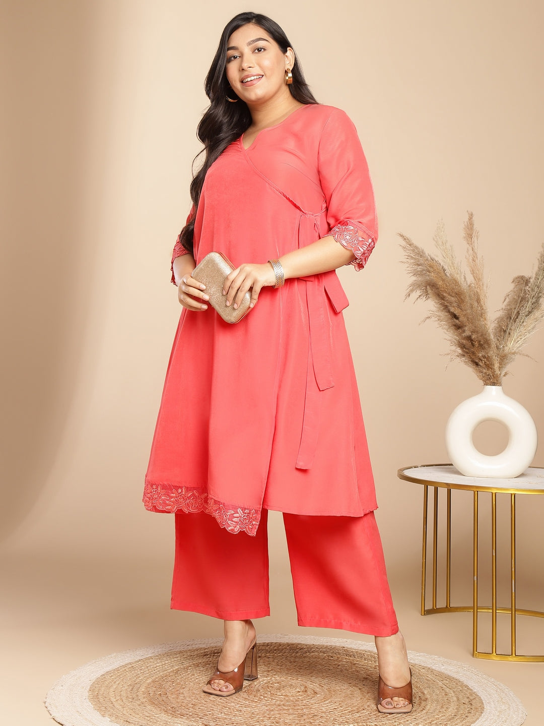 Janasya Angrakha Muslin Peach Solid V-Neck Kurta & Bottom