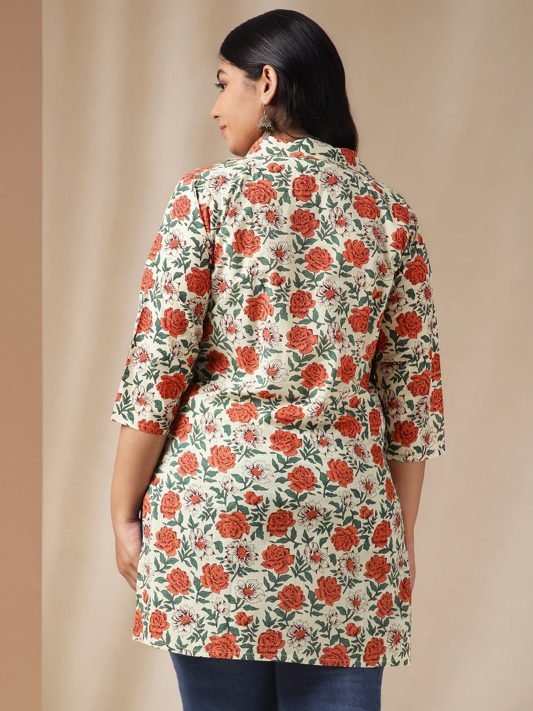 Janasya Regular Cambric Cream Floral Shirt Collar Tunic