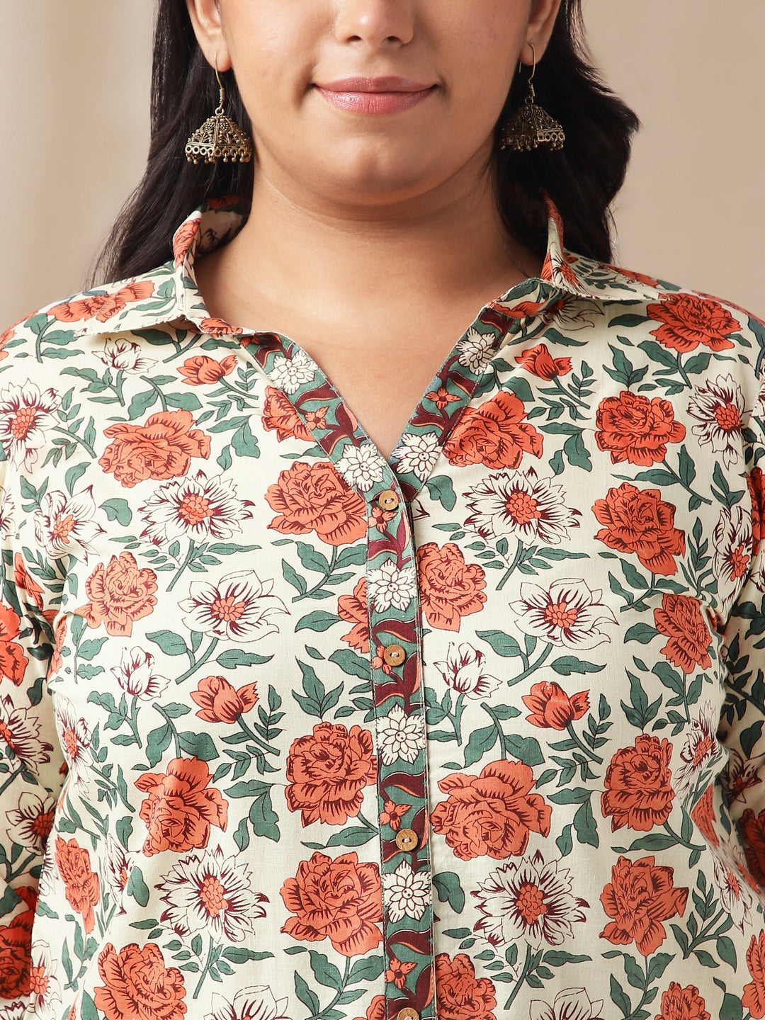 Janasya Regular Cambric Cream Floral Shirt Collar Tunic