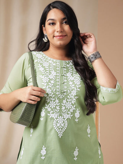 Janasya Regular Cambric Sage Embroidered Round Neck Tunic