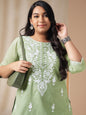 Janasya Regular Cambric Sage Embroidered Round Neck Tunic