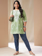 Janasya Regular Cambric Sage Embroidered Round Neck Tunic