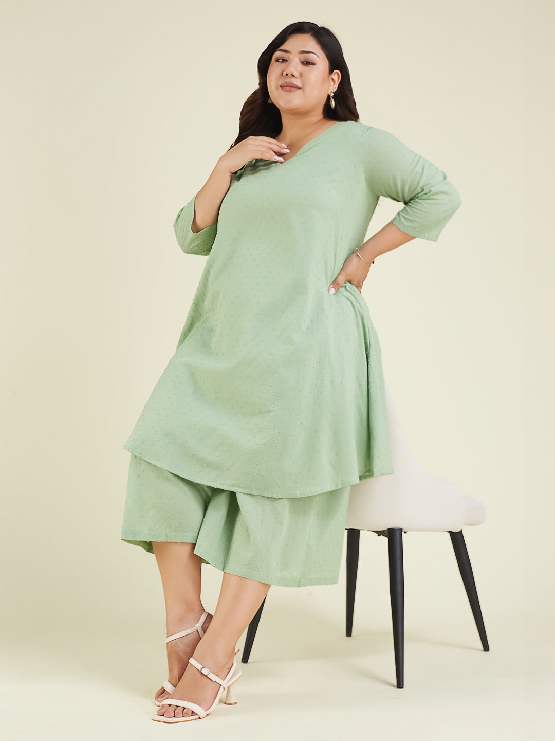 Janasya Light Dobby Cotton Self Design A-Line Top & Bottom Set