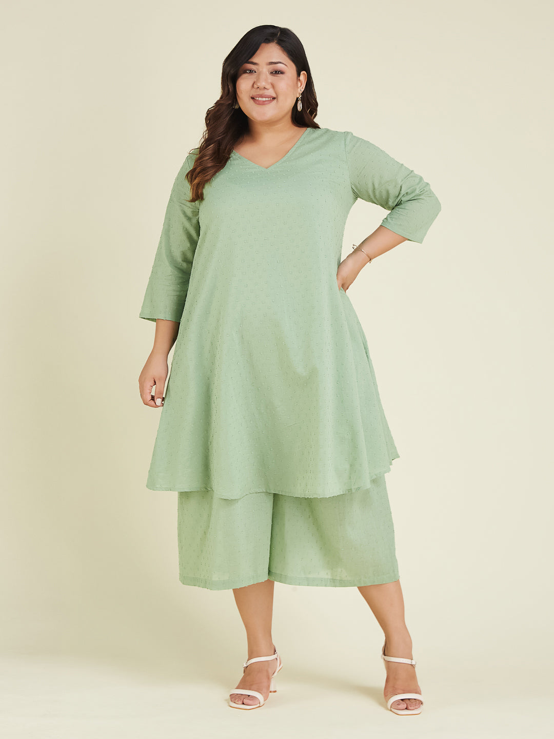 Janasya Light Dobby Cotton Self Design A-Line Top & Bottom Set