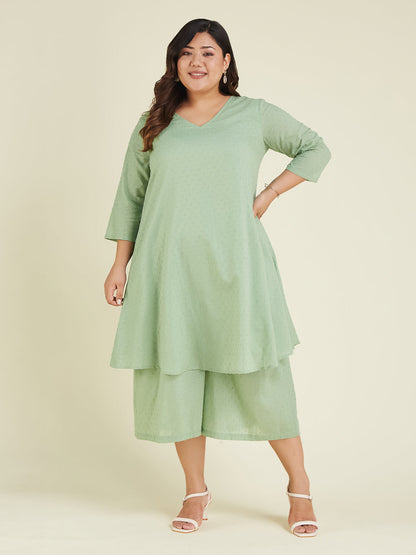 Janasya Light Dobby Cotton Self Design A-Line Top & Bottom Set