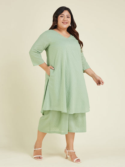 Janasya Light Dobby Cotton Self Design A-Line Top & Bottom Set