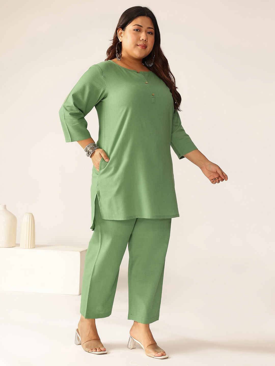 Janasya Dark Cotton Solid A-Line Top & Bottom Set