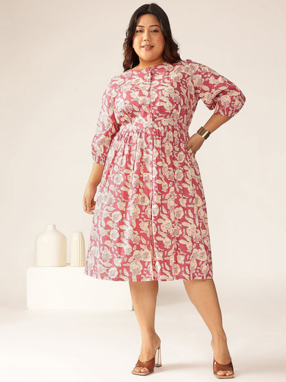Janasya Dark Cotton Floral Gathered Dress