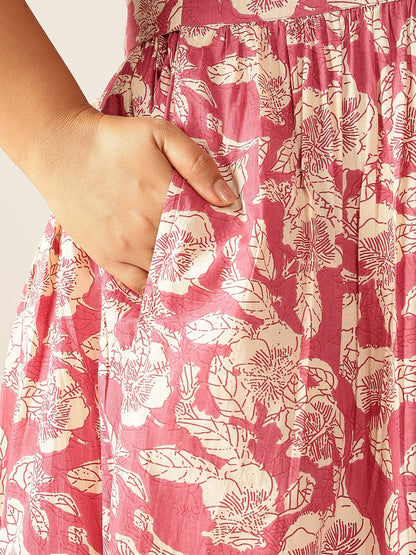 Janasya Dark Cotton Floral Gathered Dress