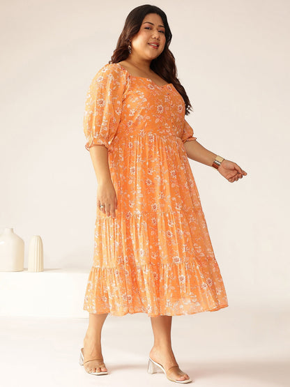 Janasya Bright Georgette Floral Tiered Dress