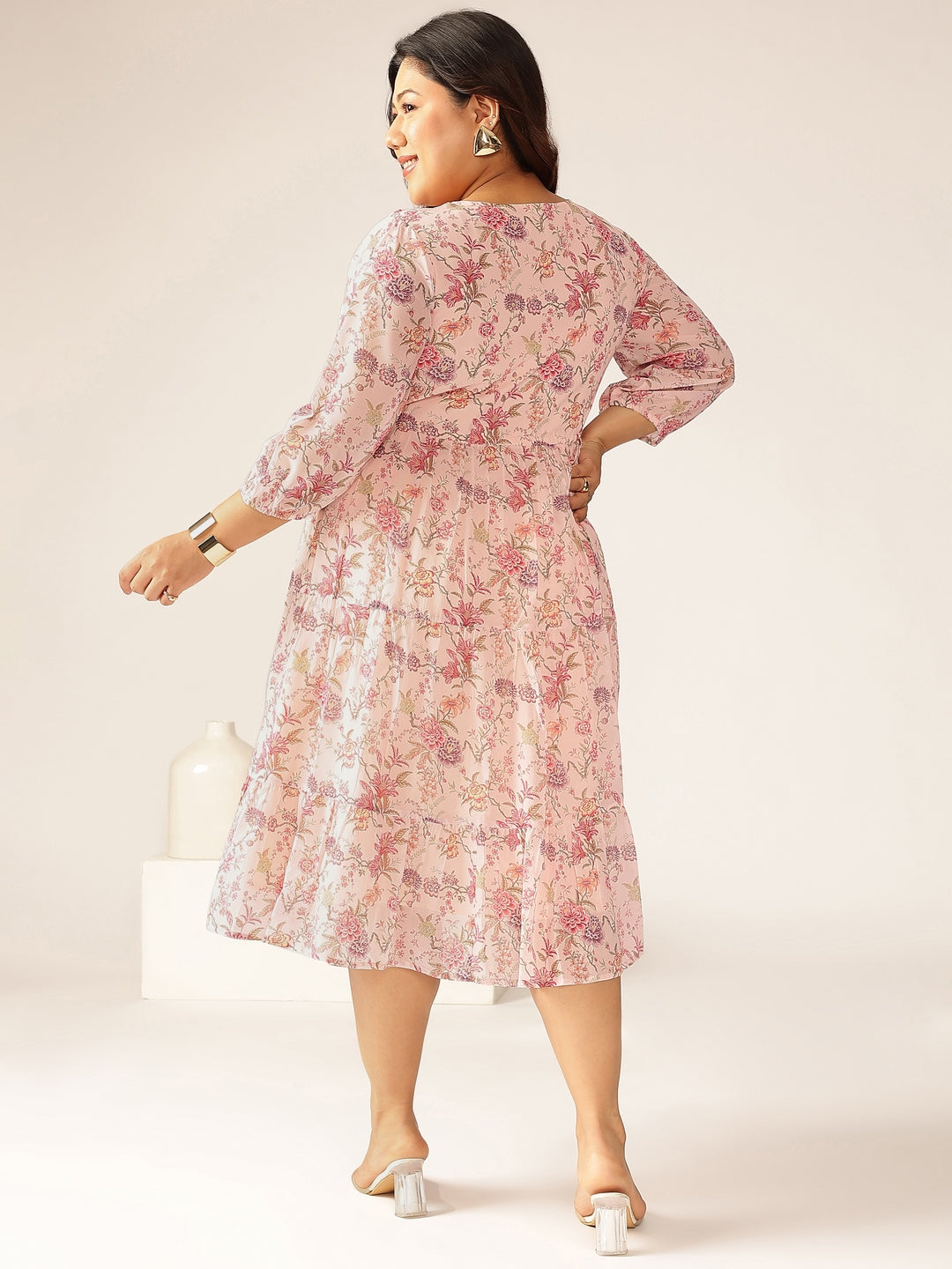 Janasya Light Georgette Floral Tiered Dress