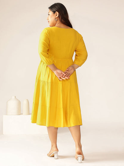 Janasya Dark Rayon Solid Tiered Dress