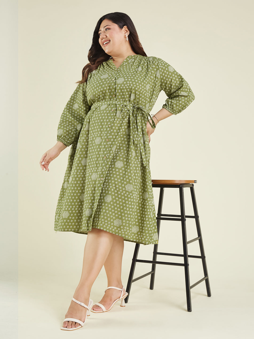 Janasya Dark Cotton Floral A-Line Dress