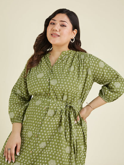 Janasya Dark Cotton Floral A-Line Dress