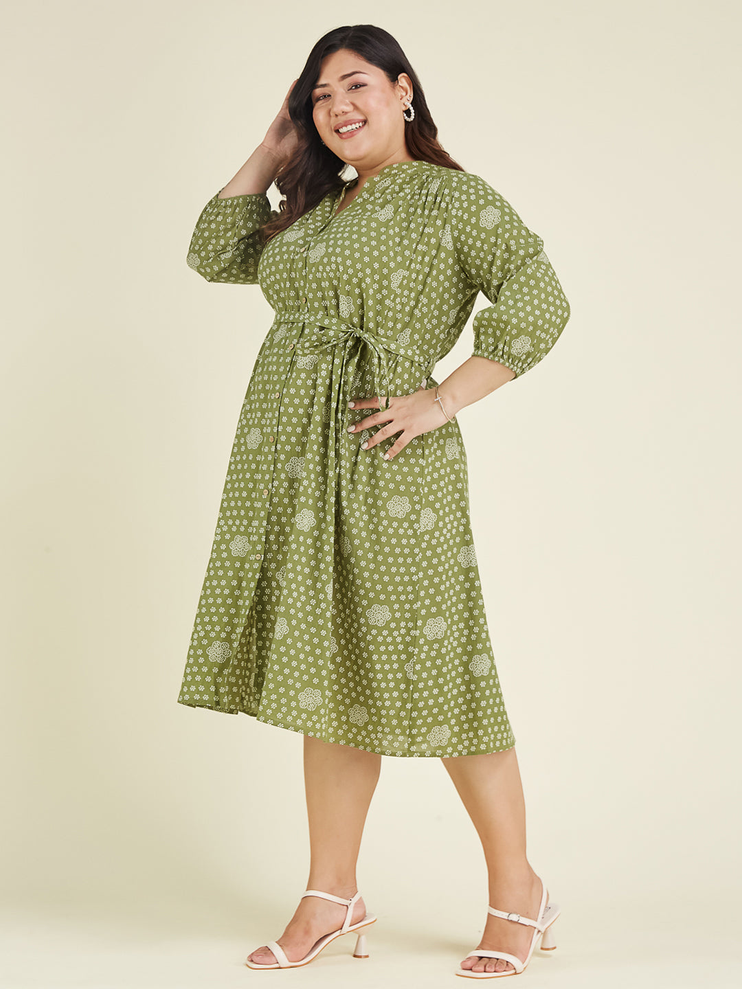 Janasya Dark Cotton Floral A-Line Dress