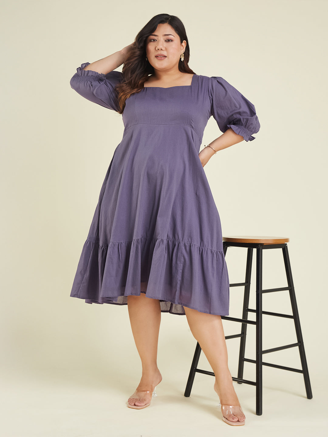 Janasya Light Cotton Solid A-Line Dress