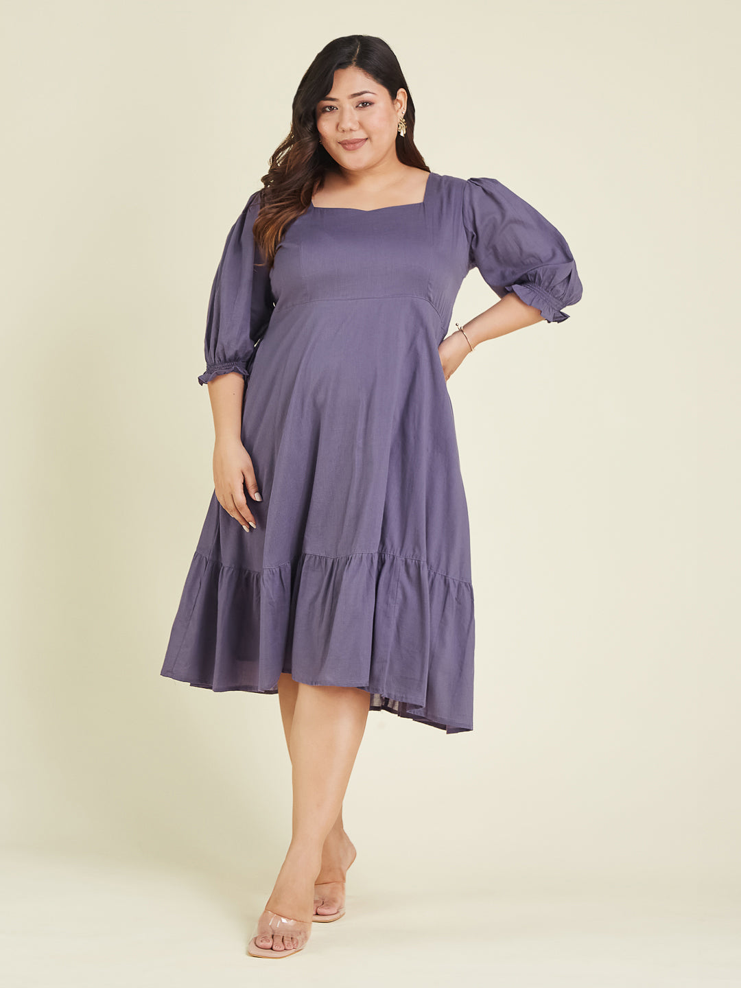 Janasya Light Cotton Solid A-Line Dress
