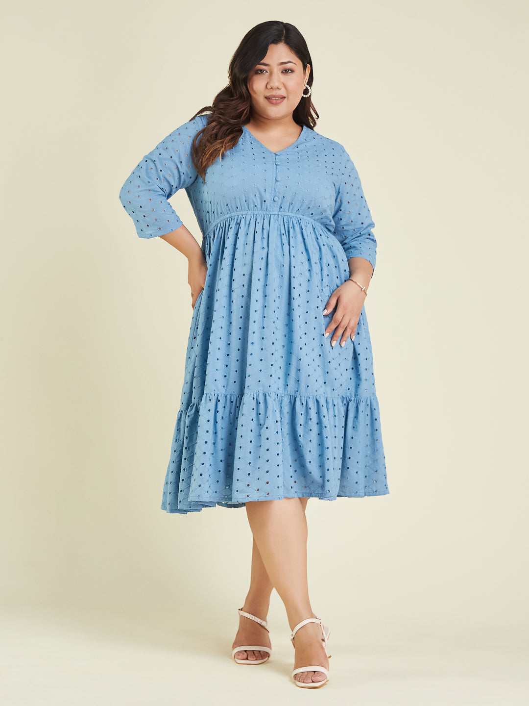 Janasya Light Cotton Schiffli Fit & Flare Dress