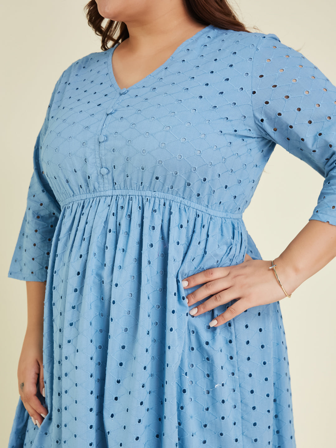 Janasya Light Cotton Schiffli Fit & Flare Dress