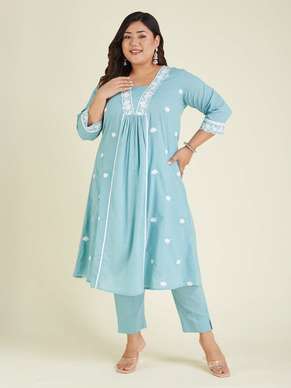 Janasya Light Cotton Embroidered A-Line Kurta Set