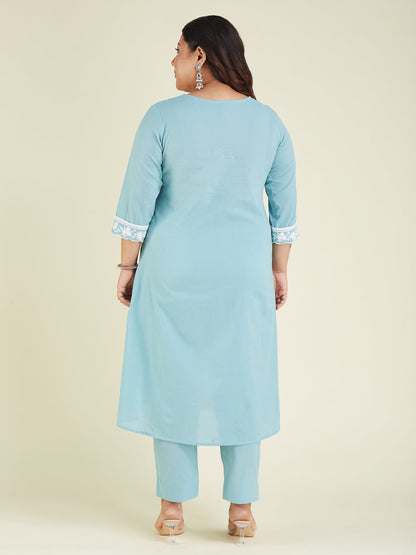 Janasya Light Cotton Embroidered A-Line Kurta Set