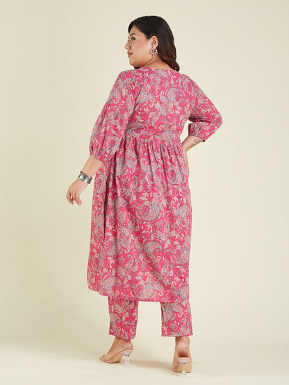 Janasya Bright Cotton Floral A-Line Kurta Set