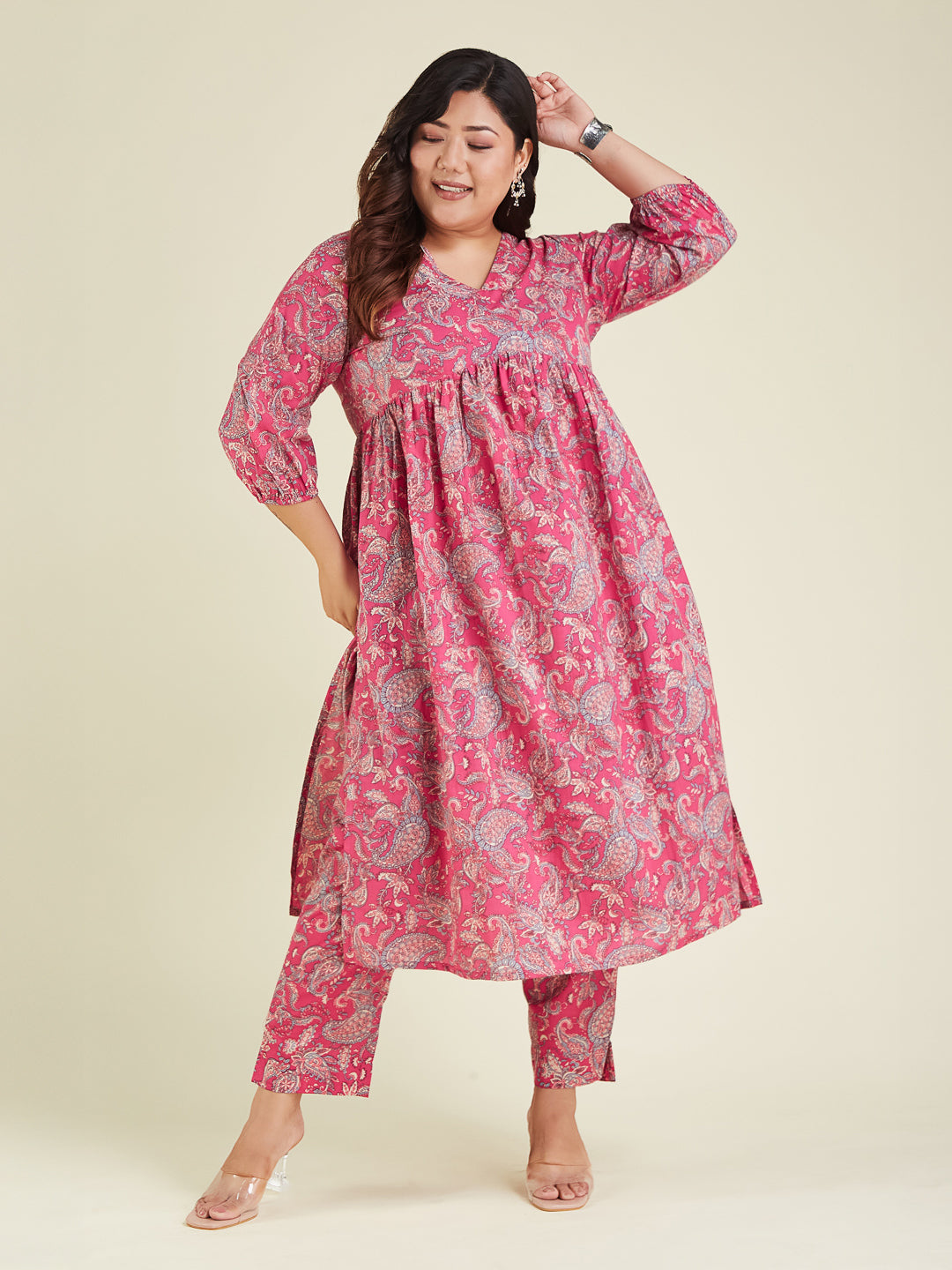 Janasya Bright Cotton Floral A-Line Kurta Set